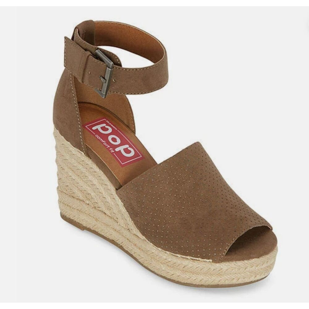 POP Fit Damera Tan Taupe Wedge Sandals Faux Suede Ankle Buckle Shoes Womens 7 US